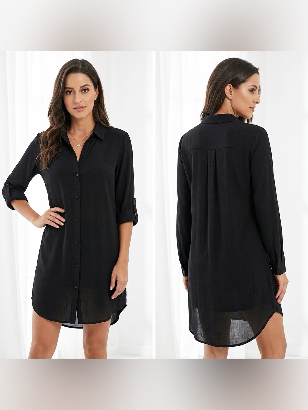 Monteau Women’s Collared Black Longline Button-up Half Sleeve Sheer Dress Size S